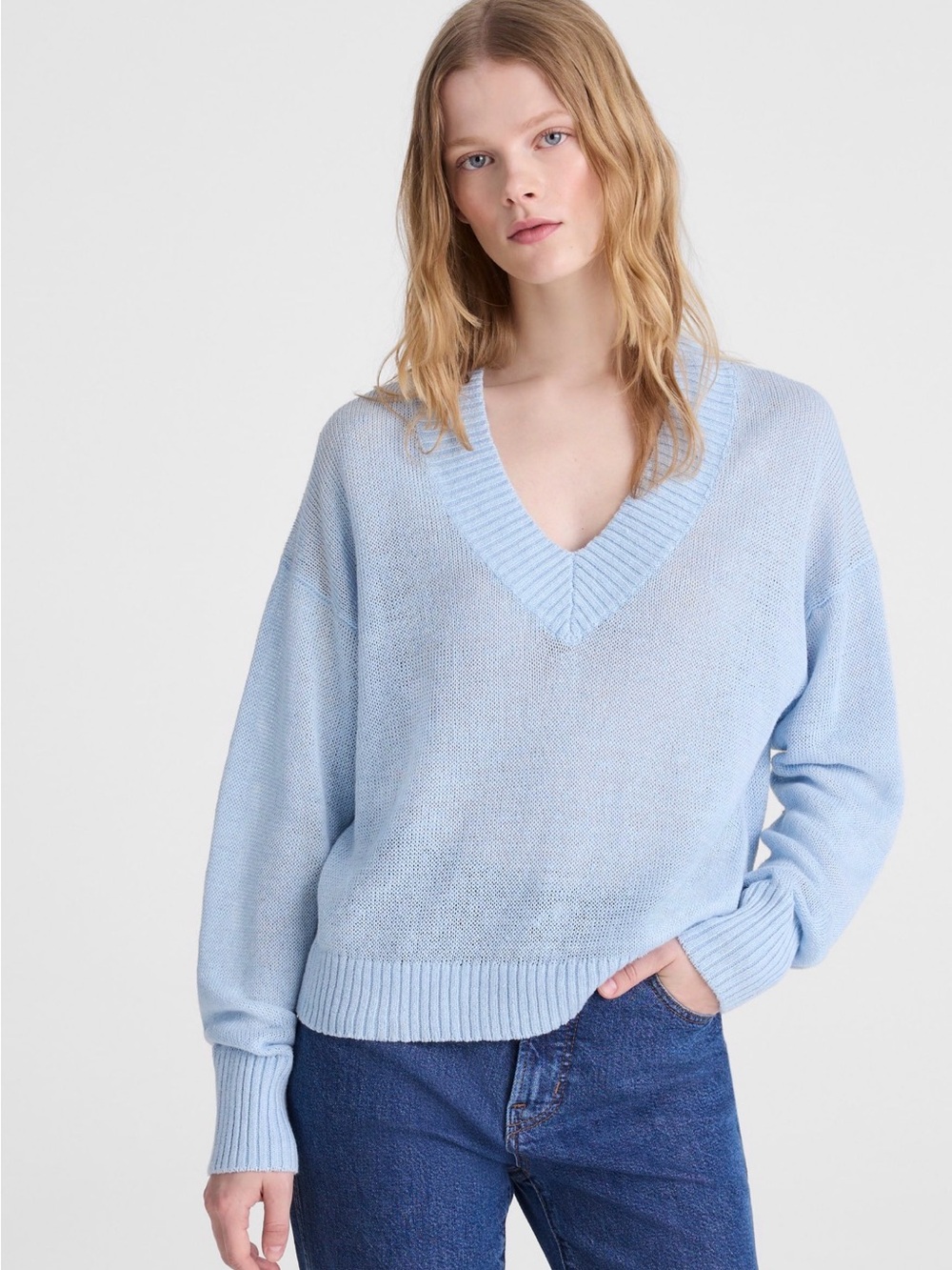 NWT Madewell 100% Linen Light Blue V-Neck Women's Sweater oversized fits XXS-S